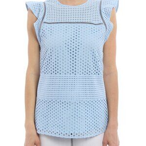 EUC Michael Kors Embellished Broderie Anglaise Women's A-Line Crew Neck Top Blue